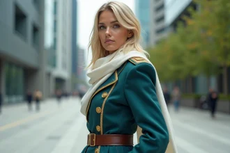 Femme en manteau militaire teal dans une place urbaine moderne