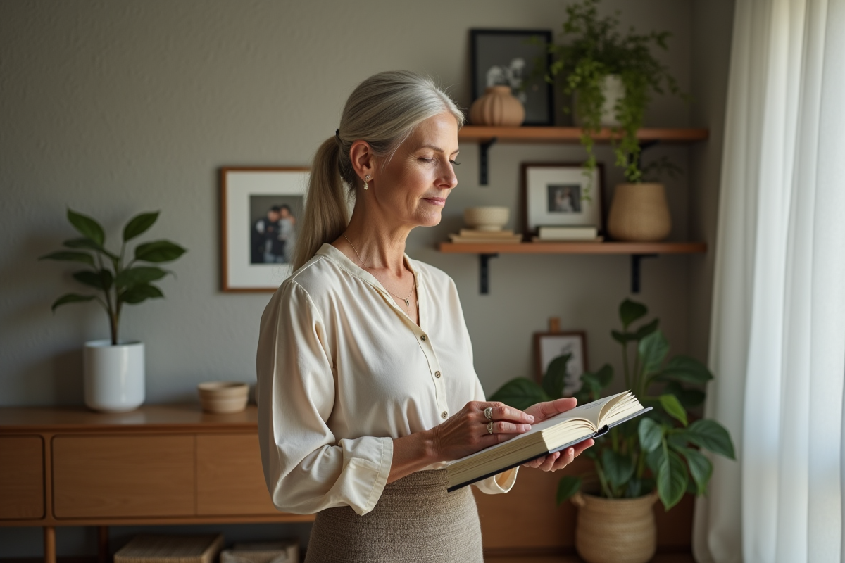 Femme d'âge moyen arrangeant des livres dans un salon calme