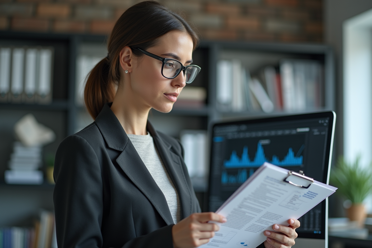 Femme professionnelle en blazer examinant des documents dans un bureau moderne