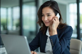 Femme professionnelle au téléphone avec une expression ferme et assurée dans un bureau moderne