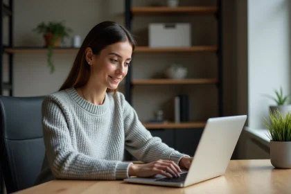 Femme consultant un site d'informations sur son ordinateur portable dans un bureau à domicile organisé