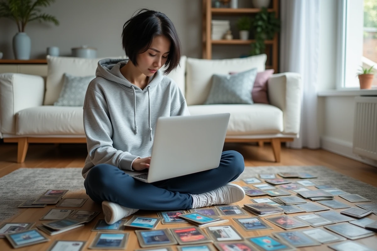 Femme entourée de cartes de jeu classées en train de rechercher leur valeur de revente sur un ordinateur portable