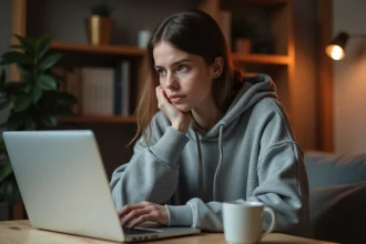 Jeune femme consultant son ordinateur portable avec une expression préoccupée, illustrant la viralité d'un contenu sur les réseaux sociaux