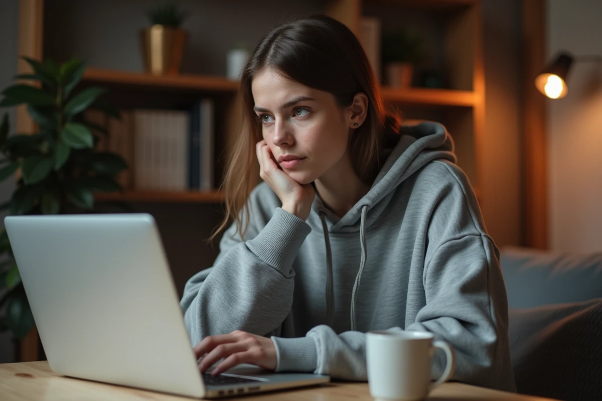 Jeune femme consultant son ordinateur portable avec une expression préoccupée, illustrant la viralité d'un contenu sur les réseaux sociaux