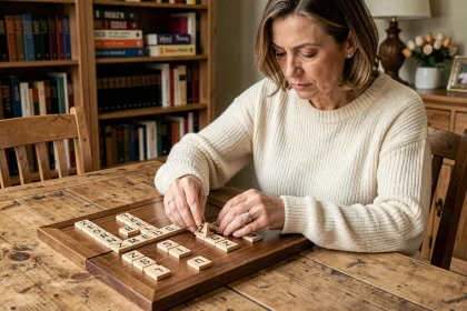 Femme concentrée jouant au Scrabble avec une tuile Z bien visible sur le plateau de jeu en bois