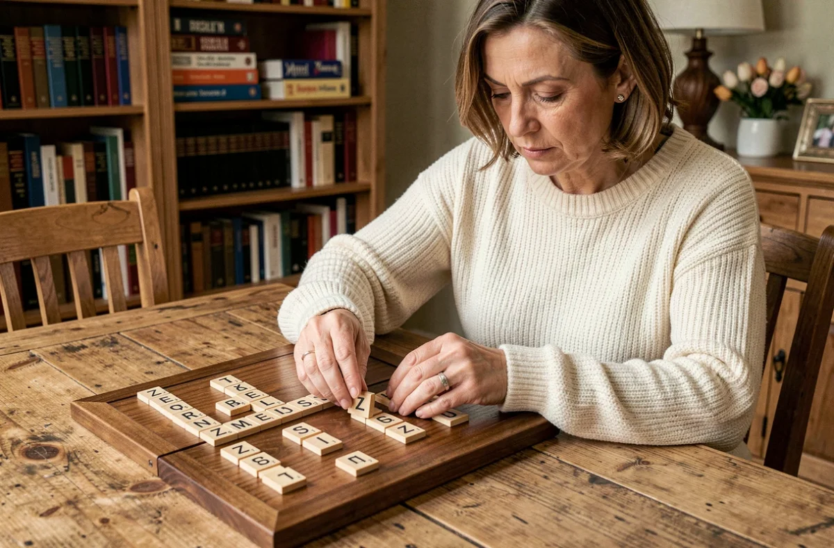 Femme concentrée jouant au Scrabble avec une tuile Z bien visible sur le plateau de jeu en bois