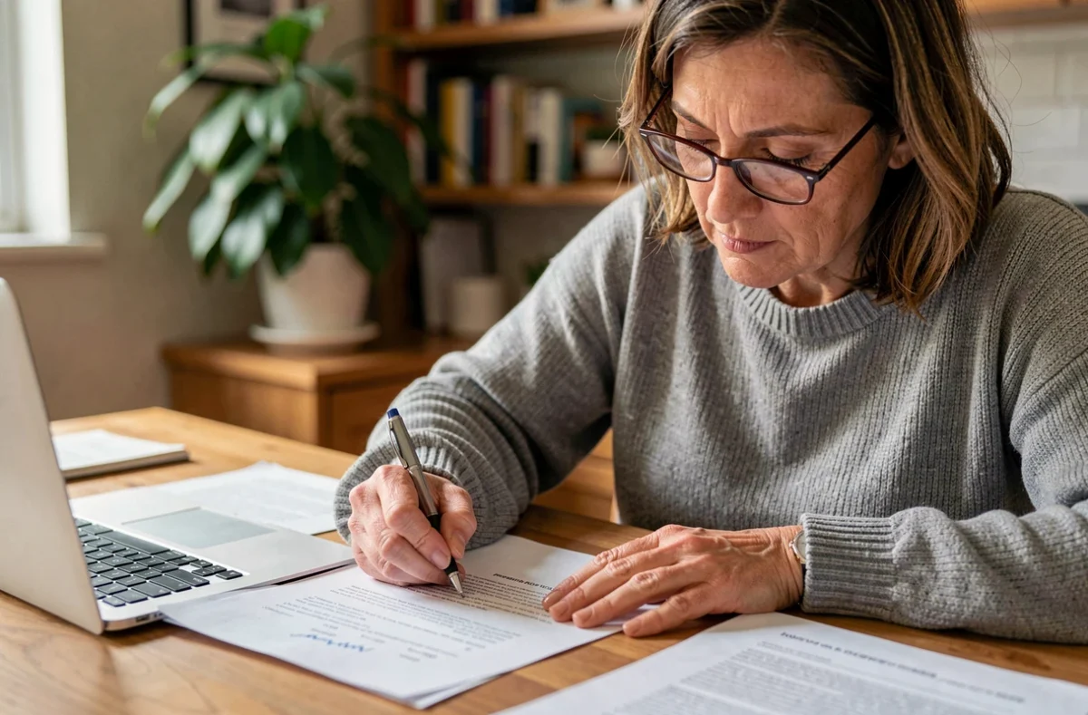 Femme signant une attestation d'hébergement sur papier à une table de cuisine en bois