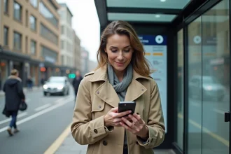 Femme consultant le plan interactif de la ligne 92 en temps réel sur son smartphone à un arrêt de bus urbain