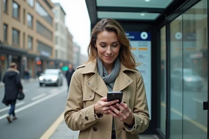 Femme consultant le plan interactif de la ligne 92 en temps réel sur son smartphone à un arrêt de bus urbain