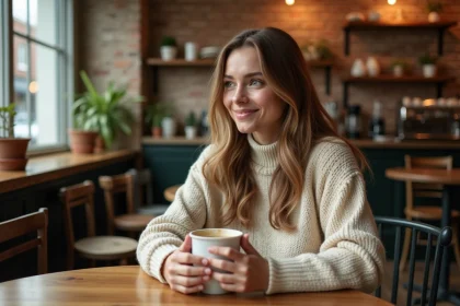 Femme songeuse dans un café pensant à quelqu'un, illustrant les signes qu'une personne pense à vous