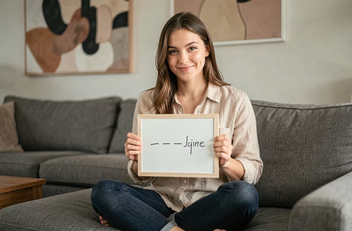 Jeune femme tenant un tableau blanc avec des tirets pour une partie de jeu du pendu