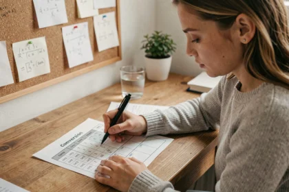 Jeune femme remplissant un tableau de conversion cm3 en litre à son bureau à domicile