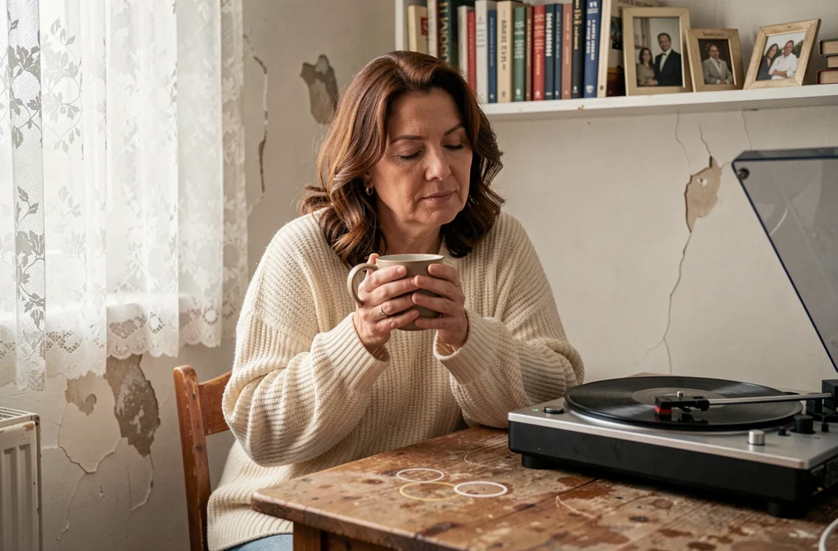 Femme écoutant un disque vinyle dans un appartement français, touchée par une chanson nostalgique comme Lola de Renaud