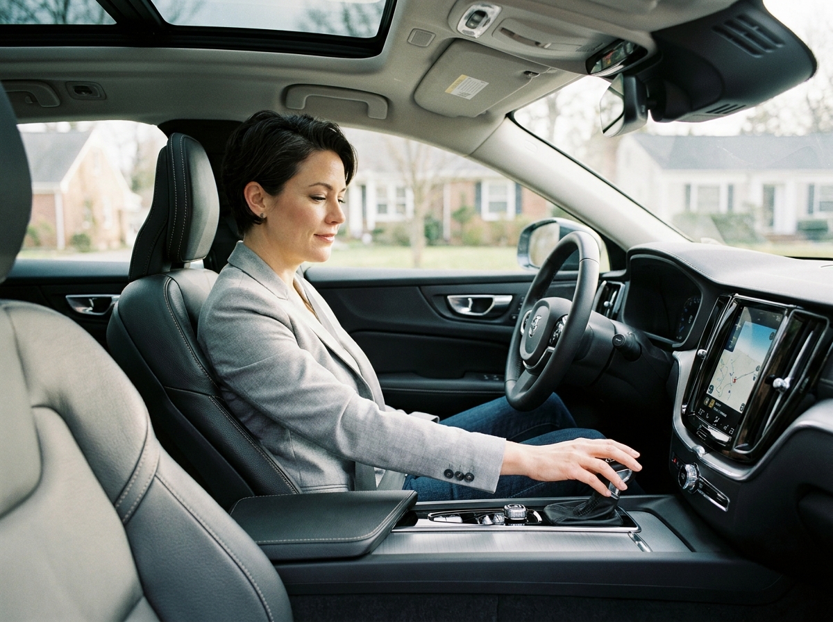 Femme au volant d'une voiture automatique en leasing, main posée sur le levier de vitesse, intérieur moderne