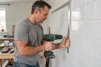 Artisan fixant un profilé L en inox sur un carrelage blanc avec une perceuse sans fil en cuisine