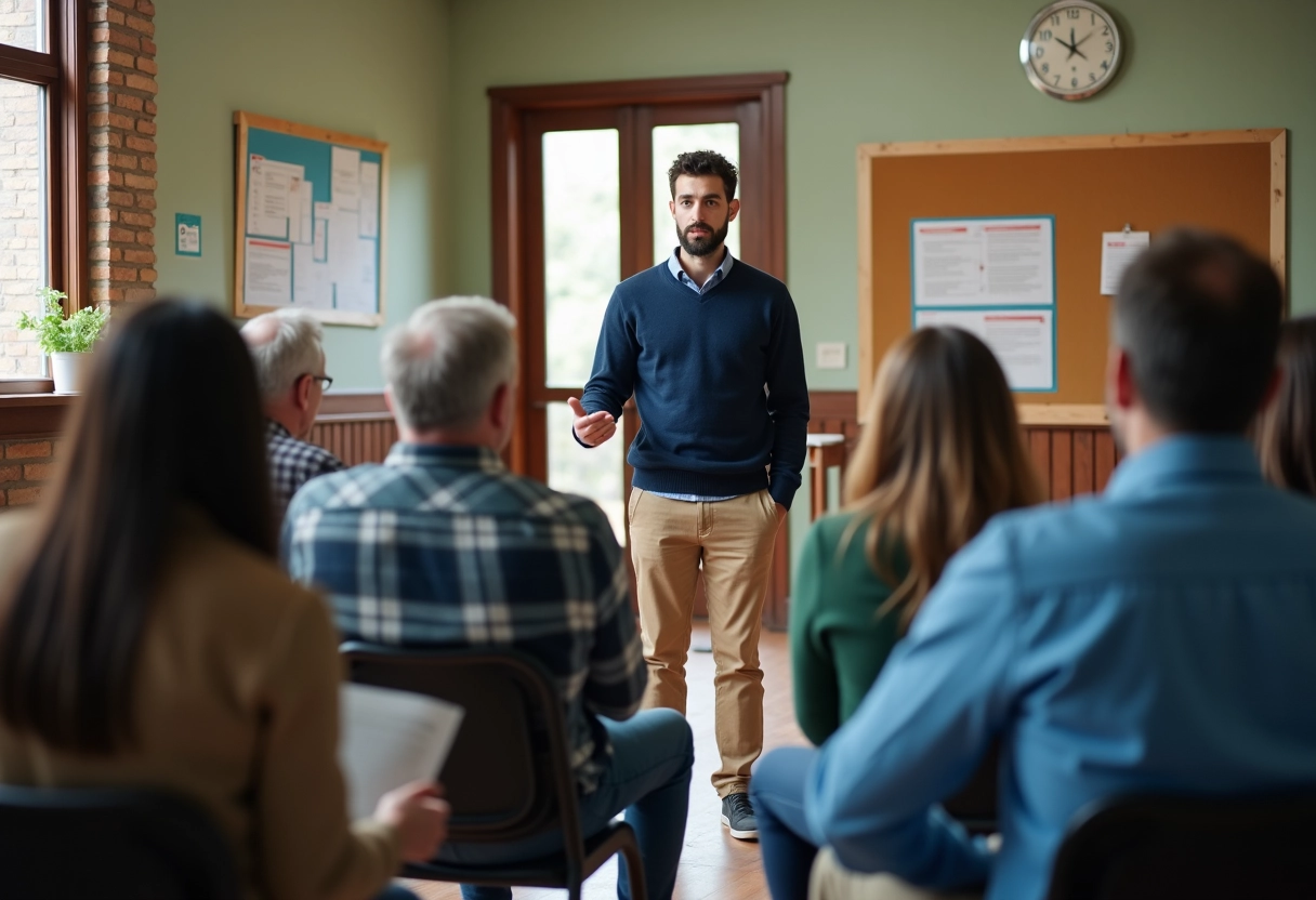 Jeune homme en formation santé mentale devant un groupe