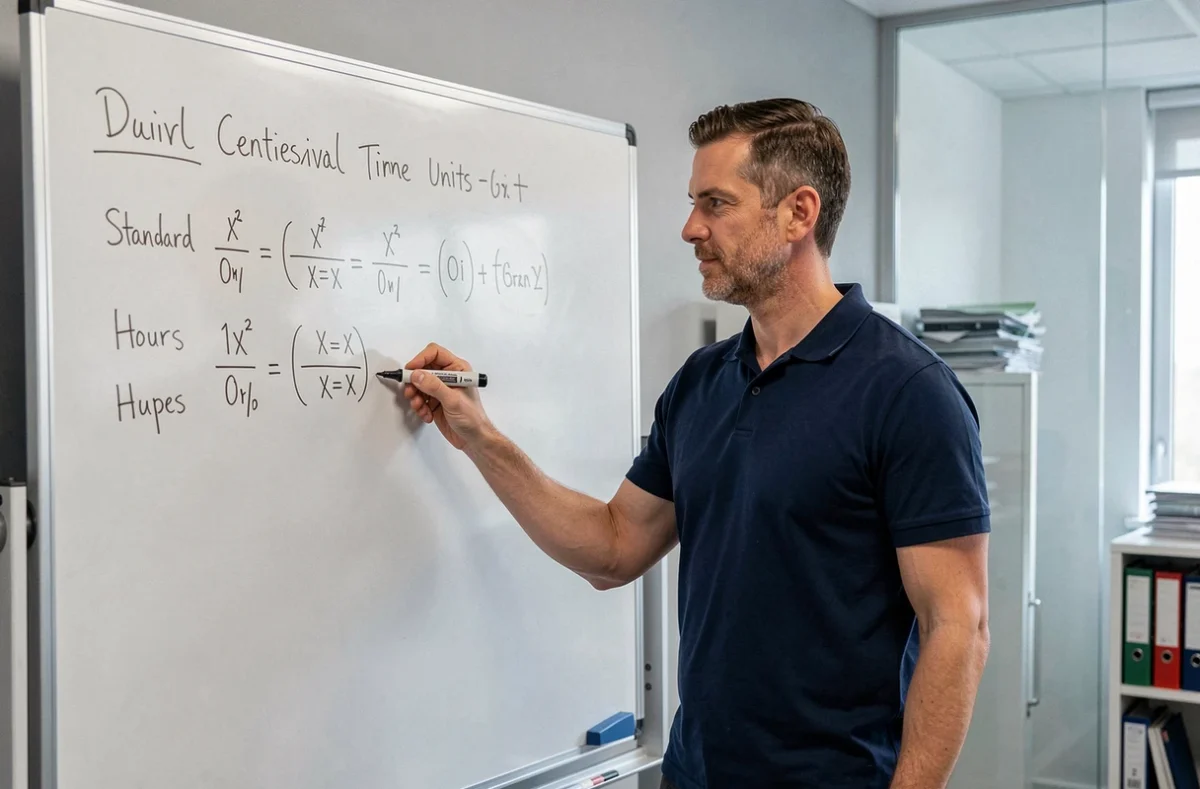 Homme expliquant une formule de conversion des centièmes d'heure sur un tableau blanc en salle de réunion