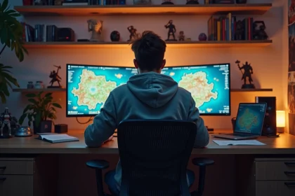 Jeune gamer concentr&eacute; sur un &eacute;cran de strat&eacute;gie fantasy