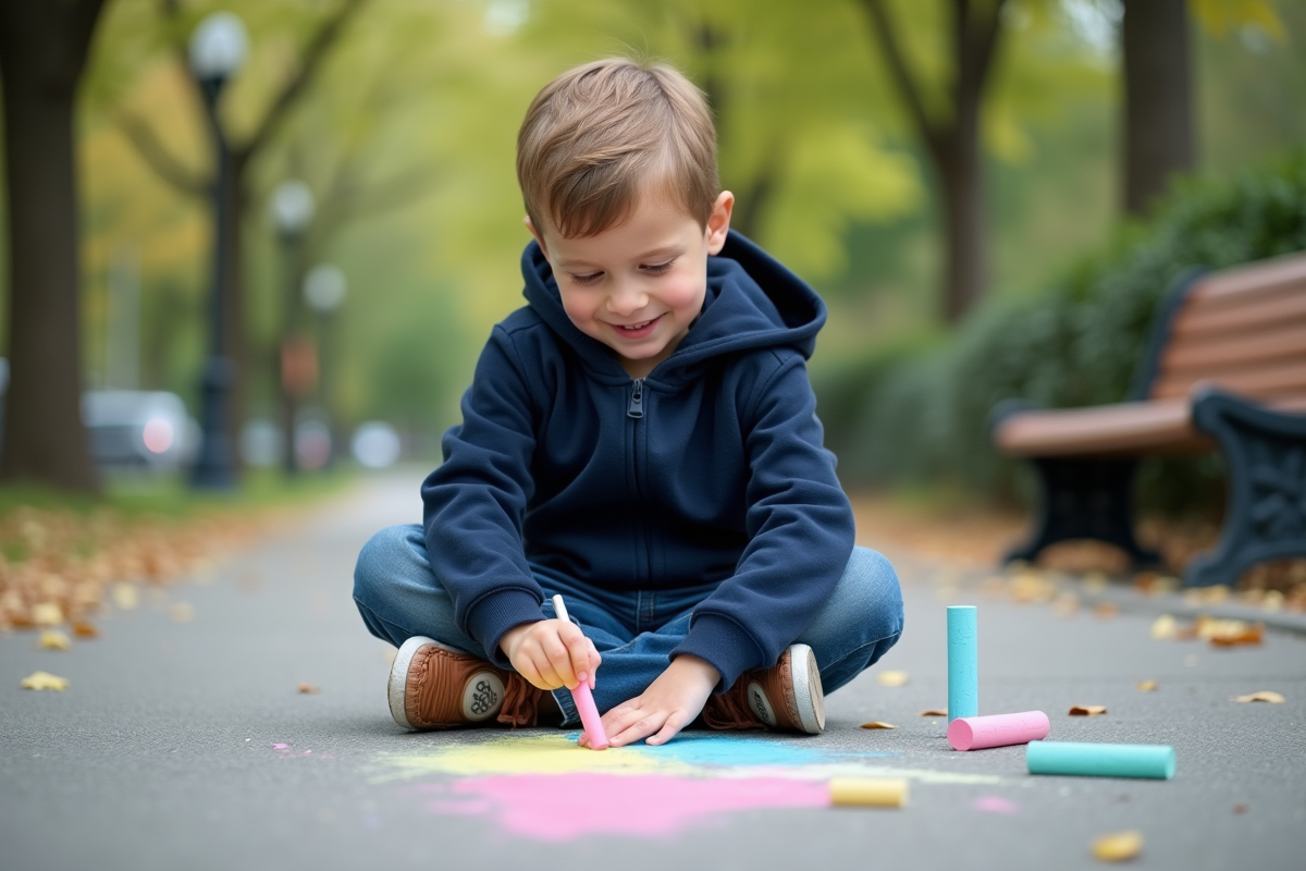 Garçon dessinant avec des craies dans un parc en plein air