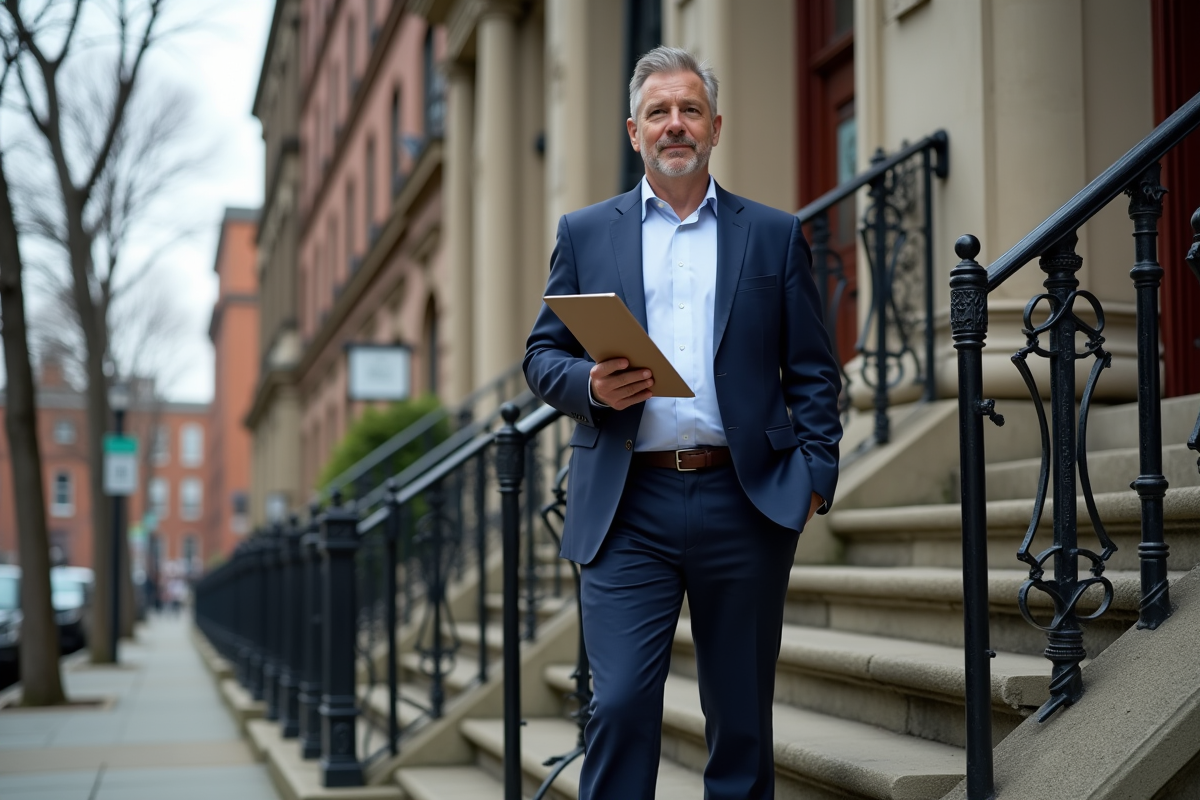 Gestionnaire immobilier devant façade ancienne en pierre