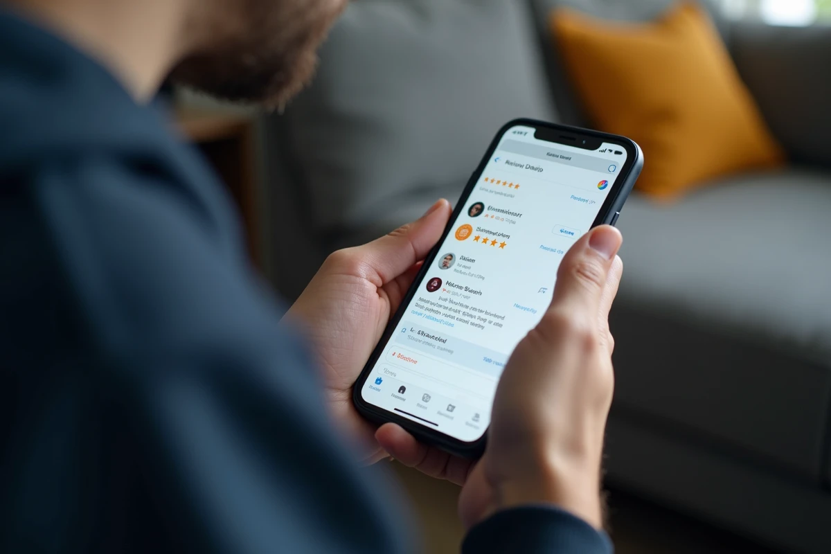 Gros plan sur un écran de smartphone affichant des avis clients et des indicateurs de sécurité d'un site e-commerce