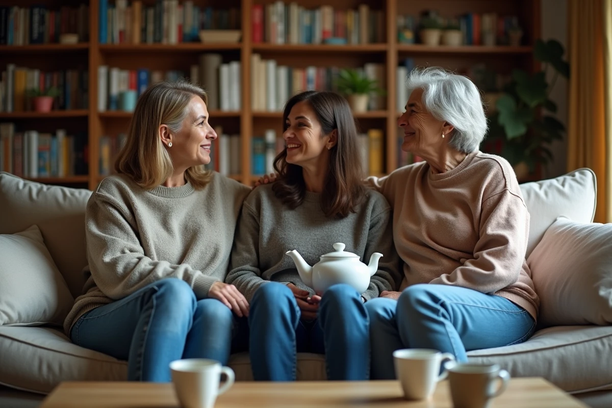 Groupe d'amis réunis dans un salon chaleureux partageant un moment de solidarité silencieuse autour d'un thé