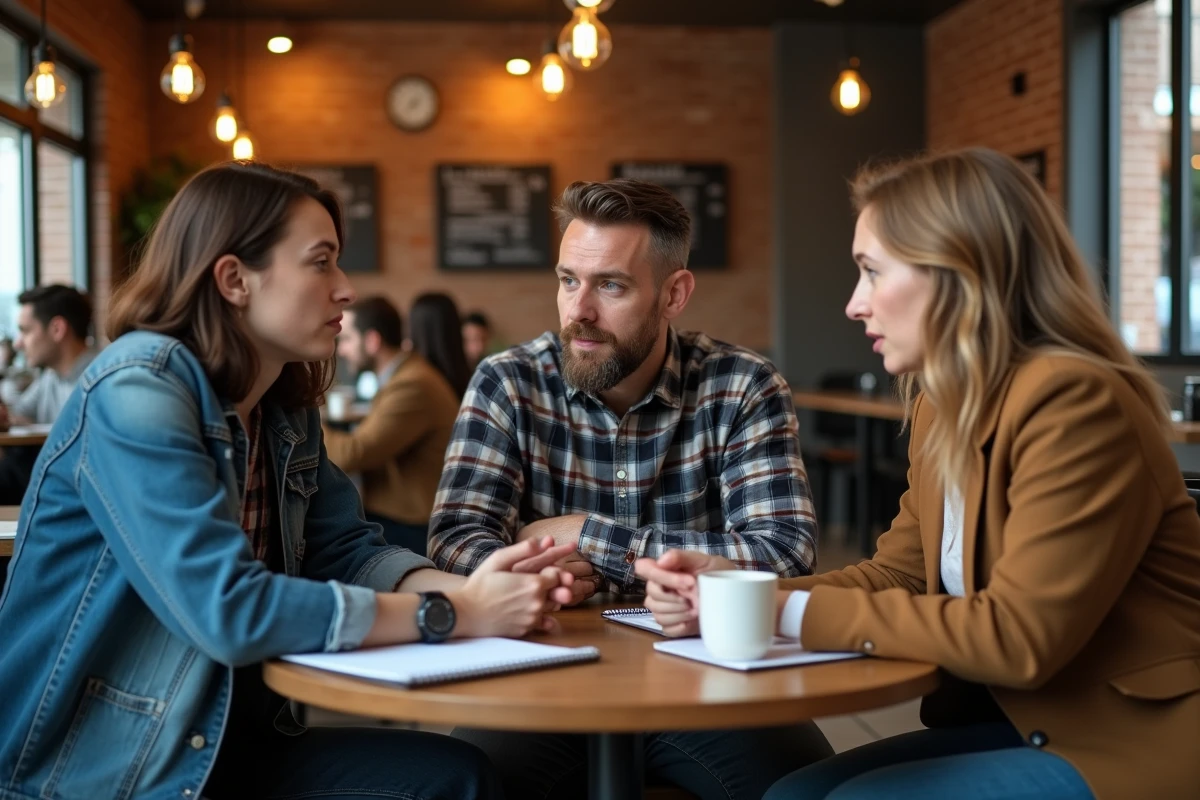 Un groupe d'auteurs discutant de techniques narratives et de twists inefficaces dans un caf&eacute; litt&eacute;raire