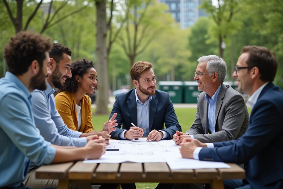 Groupe de professionnels discutant autour d'une table en parc urbain