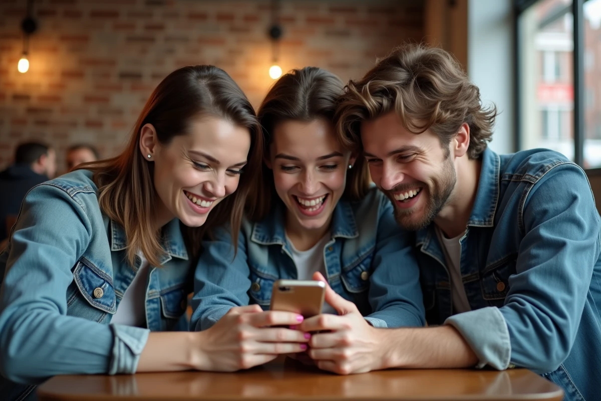 Groupe de personnes réagissant à un contenu viral sur un smartphone dans un café urbain, symbolisant la propagation rapide d'une information sur internet