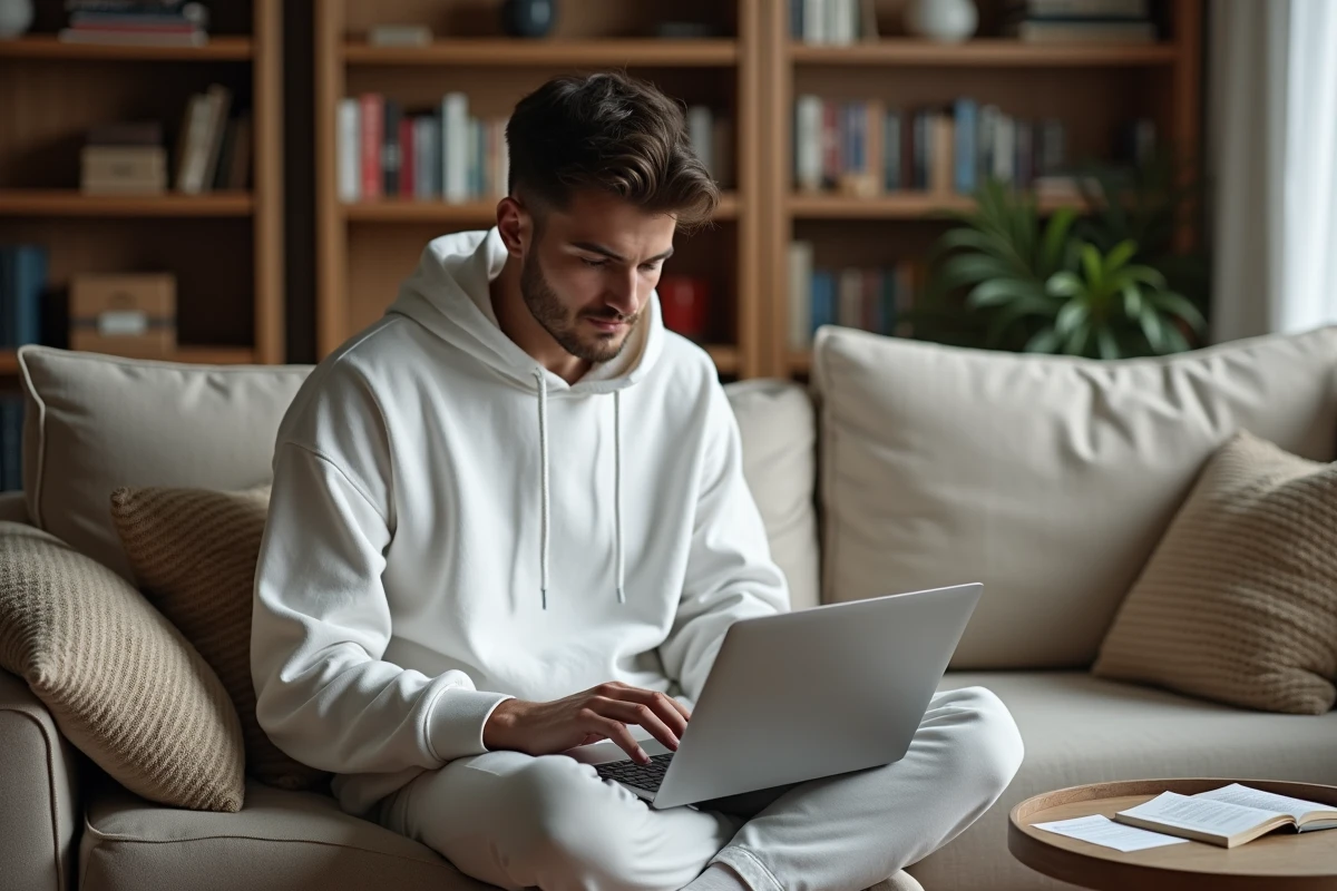 Jeune personne consultant un guide imprimé des raccourcis Mac pour écrire le È majuscule avec accent grave sur MacBook Air