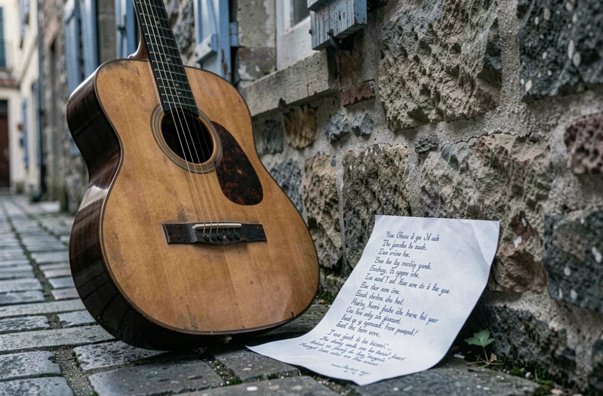 Guitare acoustique et paroles manuscrites sur les pavés d'une ruelle française, symbole de la chanson Lola de Renaud dans Morgane de toi