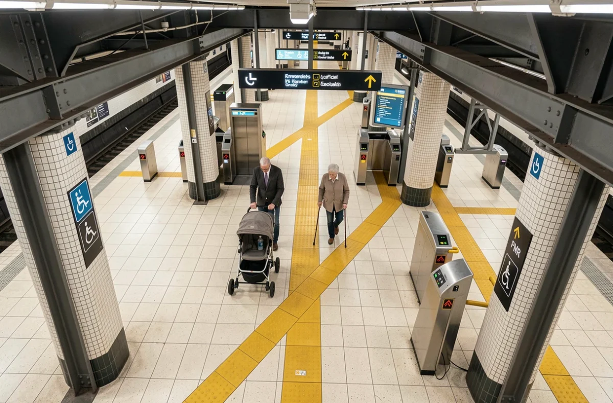 Vue en plongée d'un hall de station de métro parisien accessible avec ascenseurs, bandes podotactiles et passages PMR