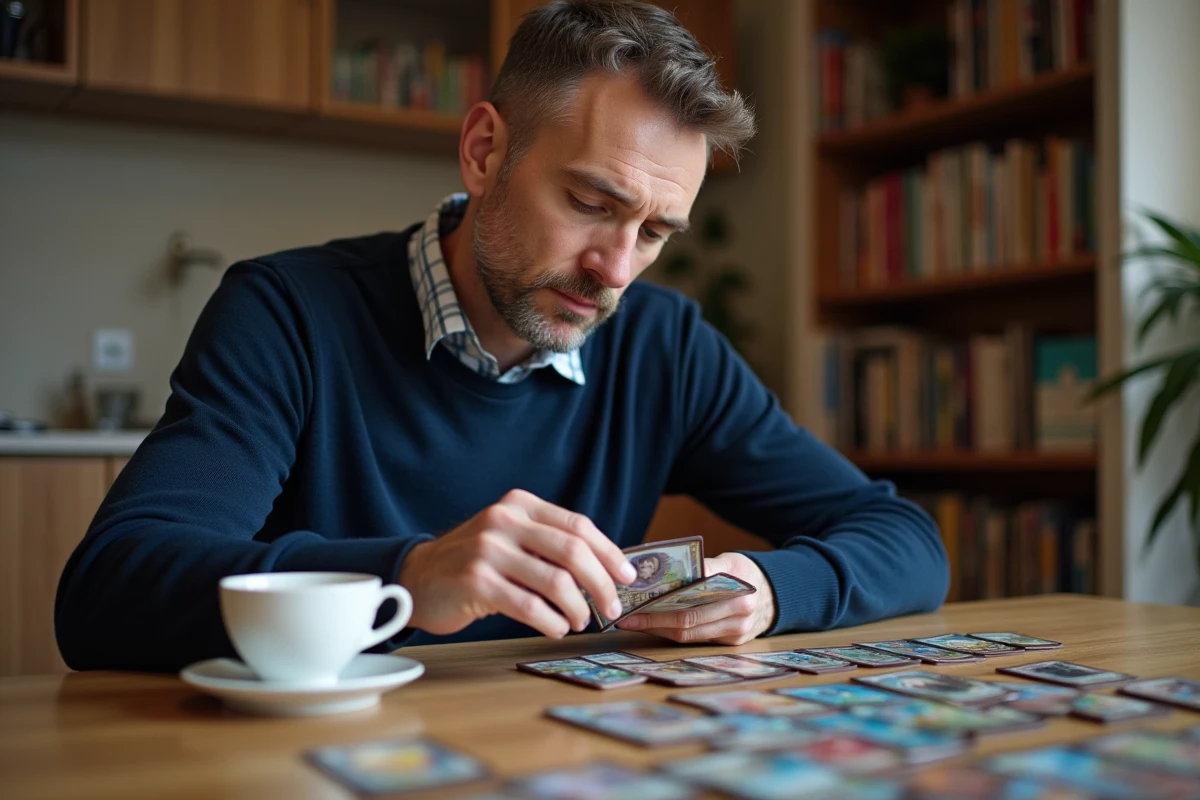 Homme analysant des cartes de jeu de société posées sur une table en bois pour décider du bon moment pour les revendre