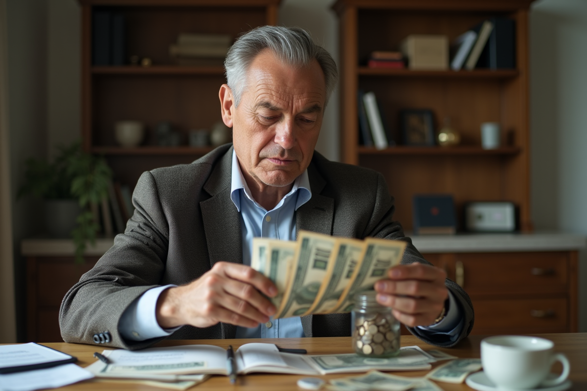Homme d'âge moyen comptant ses pièces de monnaie