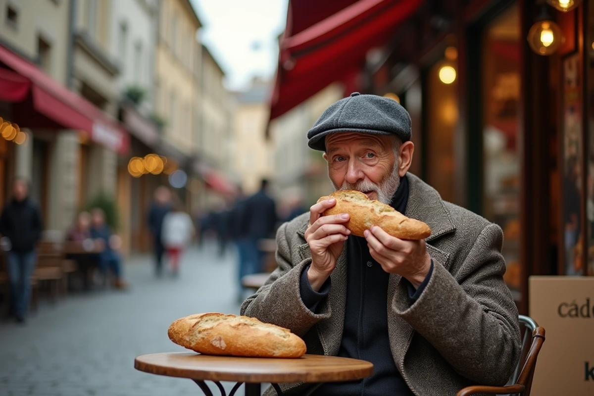 Homme âgé dégustant une baguette dans un café parisien