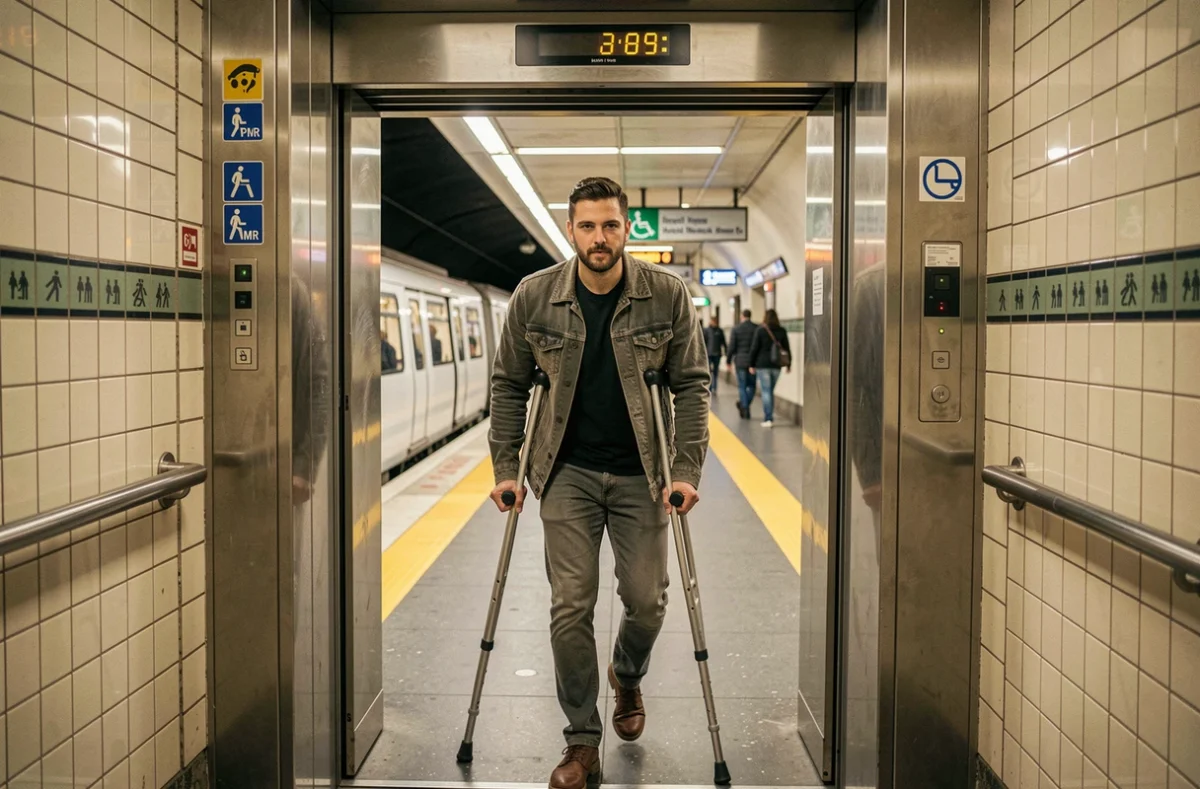 Homme avec des béquilles sortant d'un ascenseur accessible dans une station de métro parisien avec signalétique PMR