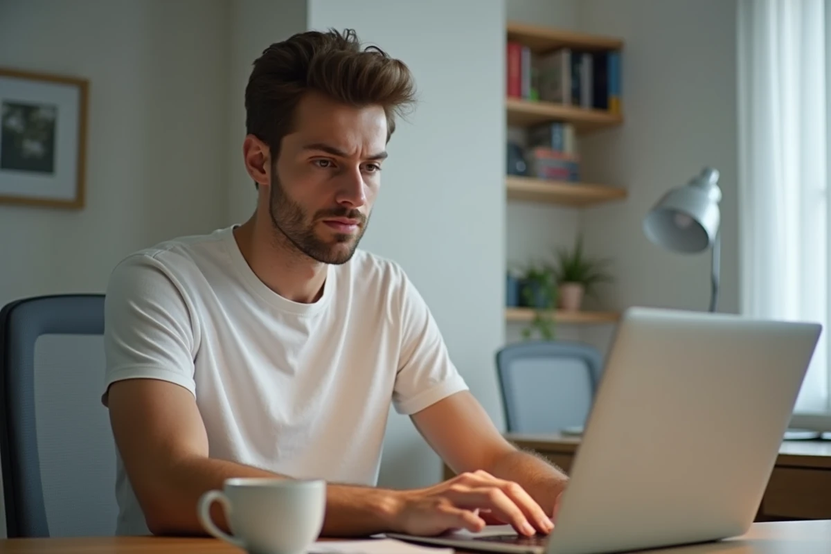 Homme contactant le service client Vinted depuis son bureau à domicile sur un ordinateur portable