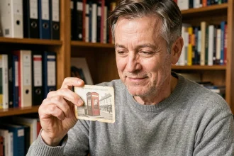 Homme examinant une ancienne carte téléphonique de collection entre ses doigts dans un bureau vintage