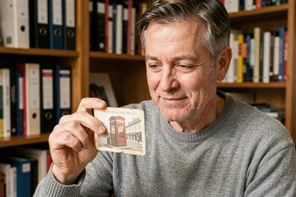 Homme examinant une ancienne carte téléphonique de collection entre ses doigts dans un bureau vintage