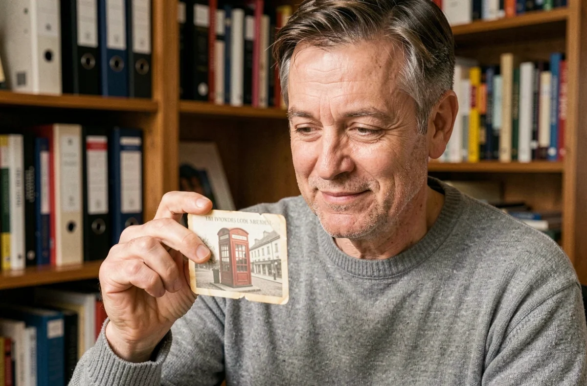 Homme examinant une ancienne carte téléphonique de collection entre ses doigts dans un bureau vintage