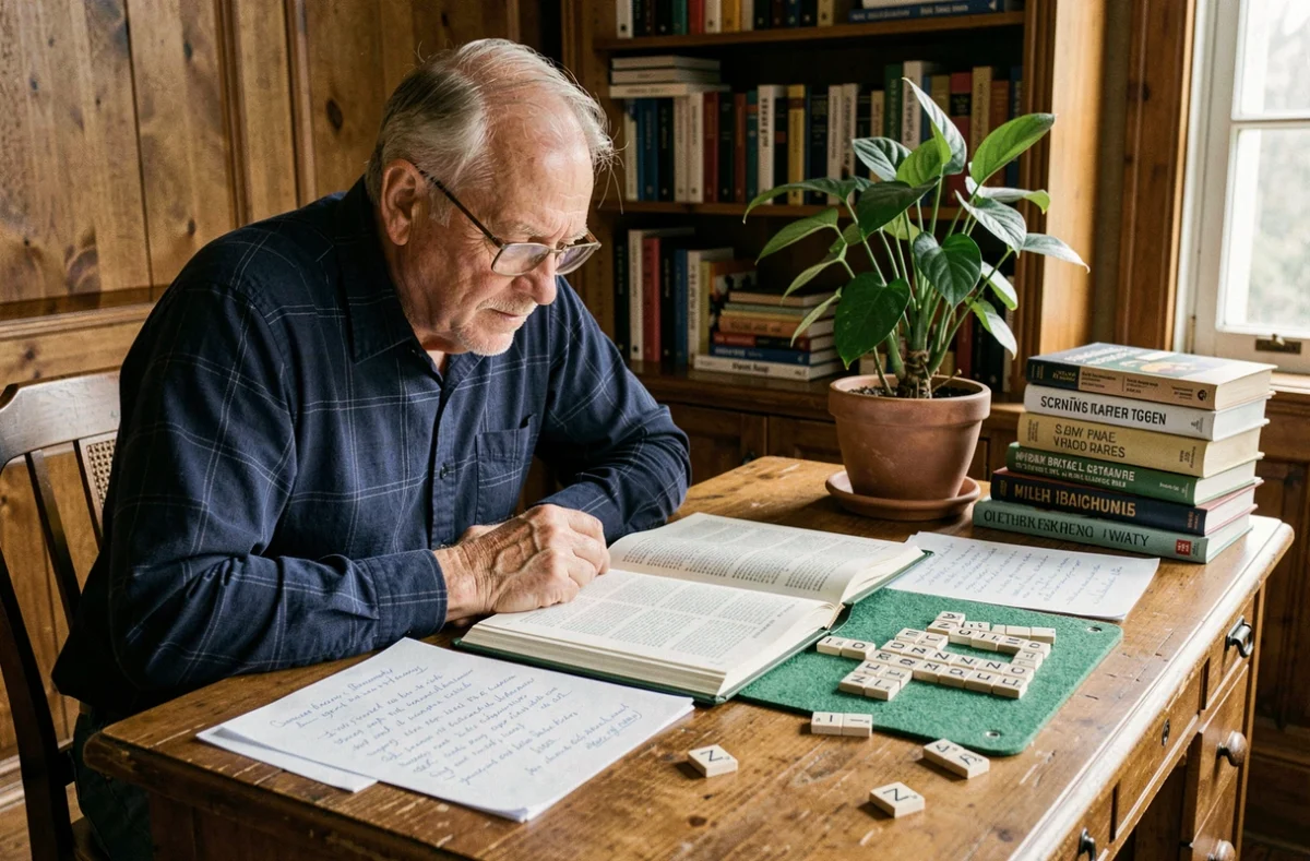Homme âgé consultant un dictionnaire Scrabble avec des lettres Z disposées sur un bureau en bois