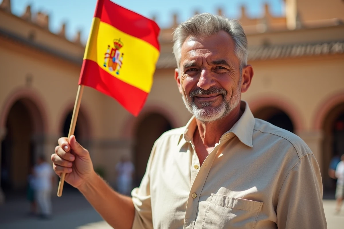 Homme espagnol tenant un petit drapeau espagnol rouge et jaune lors d'un événement culturel sur une plaza de Séville