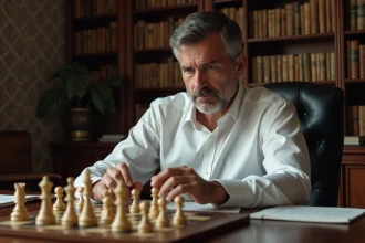 Homme d'âge moyen pensif devant un échiquier en étude