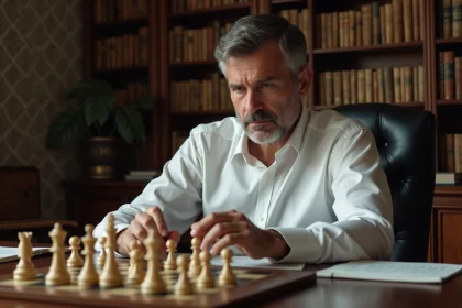 Homme d'&acirc;ge moyen pensif devant un &eacute;chiquier en &eacute;tude