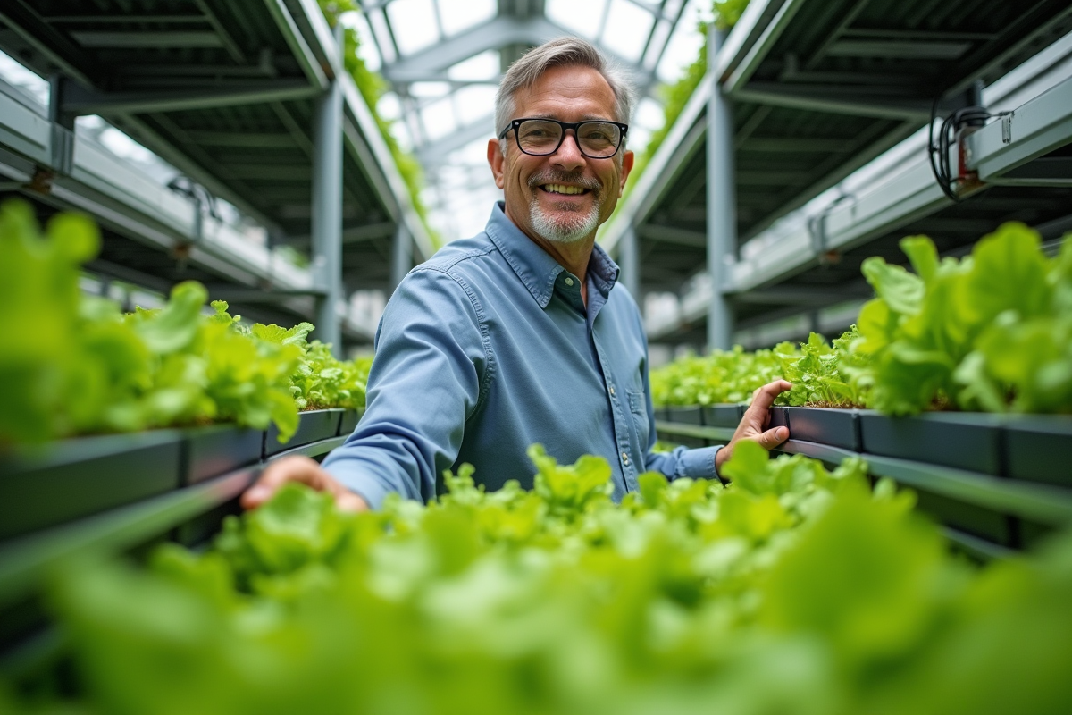 Homme d'âge moyen dans une ferme verticale moderne