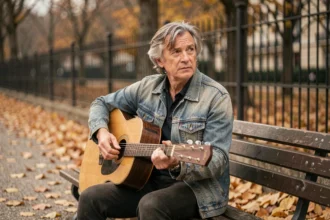 Homme nostalgique jouant de la guitare acoustique sur un banc parisien en automne, évoquant la chanson Lola de Renaud