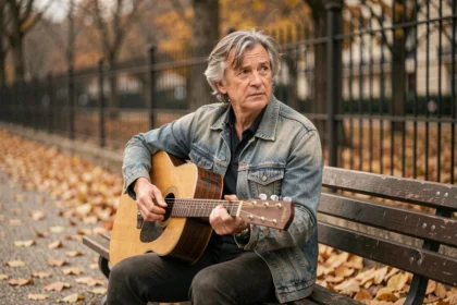Homme nostalgique jouant de la guitare acoustique sur un banc parisien en automne, évoquant la chanson Lola de Renaud