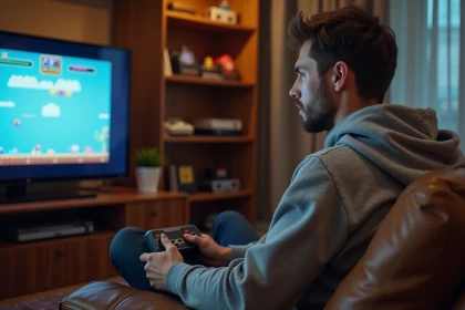 Homme jouant à des jeux rétro sur une console vintage connectée à un écran moderne dans un salon chaleureux
