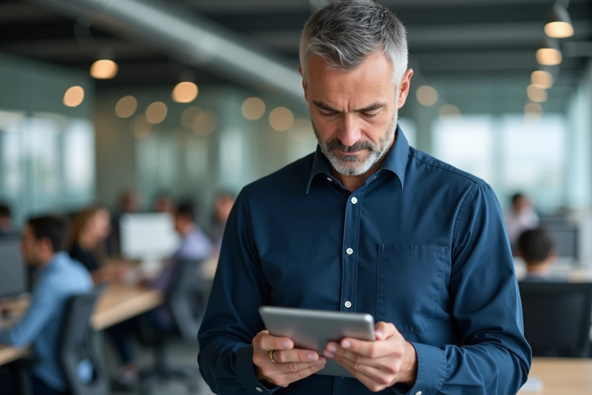 Homme lisant des informations sur une tablette numérique dans un espace de bureau moderne