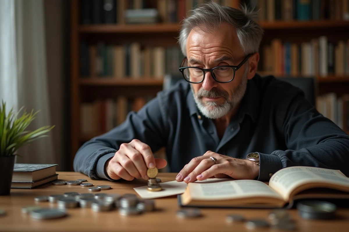 Homme avec loupe inspectant une pièce de 2 euros rare sur un bureau avec collection de monnaies